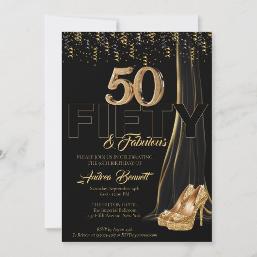 金ゴールドハイヒールエレガントブラック50ファブラス誕生日 招待状 (正面)