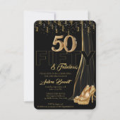 金ゴールドハイヒールエレガントブラック50ファブラス誕生日 招待状 (正面)