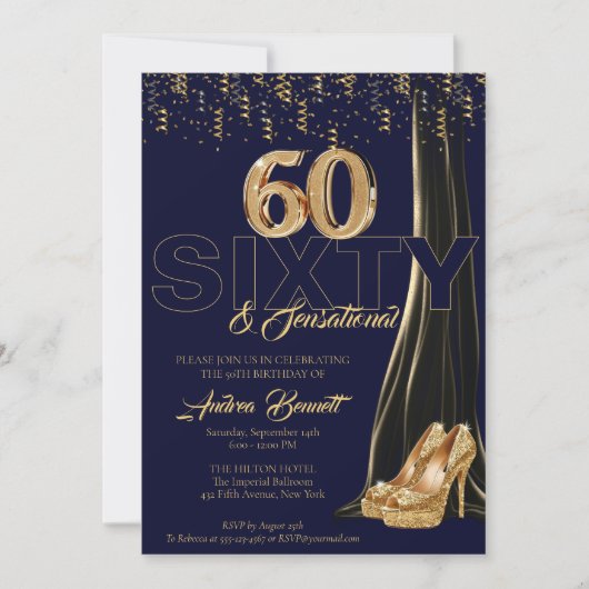 金ゴールドハイヒールエレガント第60回センセーショナル誕生日 招待状 (正面)