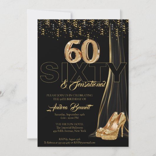 金ゴールドハイヒールエレガント第60回センセーショナル誕生日 招待状 (正面)