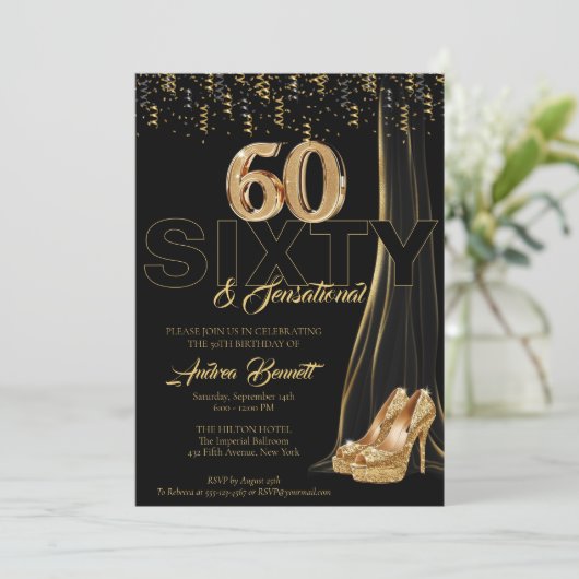 金ゴールドハイヒールエレガント第60回センセーショナル誕生日 招待状 (スタンド正面)