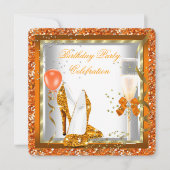 金ゴールドハイヒールグリッターオレンジバースデーパーティー2 招待状 (正面)