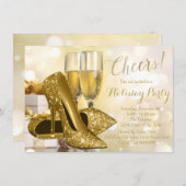 金ゴールドハイヒールシャンパンホリデーパーティー 招待状 (正面/裏面)