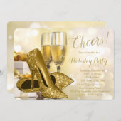 金ゴールドハイヒールシャンパーニュ企業のホリデーパーティー 招待状 (正面/裏面)