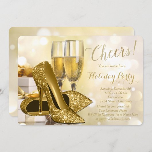 金ゴールドハイヒールシャンパーニュ企業のホリデーパーティー 招待状 (正面/裏面)
