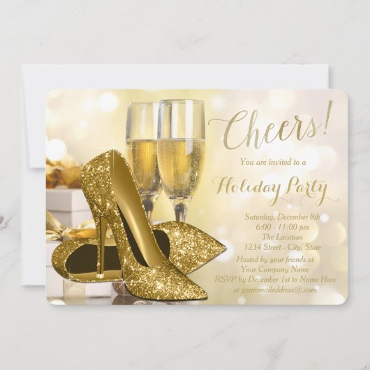 金ゴールドハイヒールシャンパーニュ企業のホリデーパーティー 招待状 (正面)