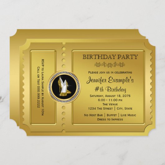 金ゴールドハイヒールシューゴールデンチケット誕生日パーティー 招待状 (正面/裏面)