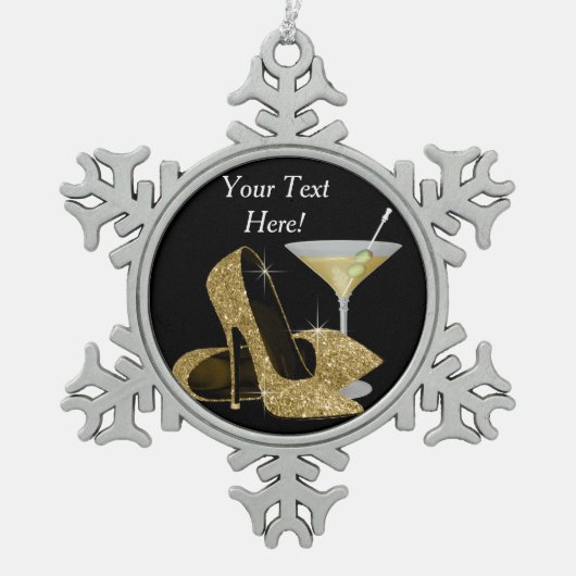 金ゴールドハイヒールシューズとマルティーニ スノーフレークピューターオーナメント (正面)
