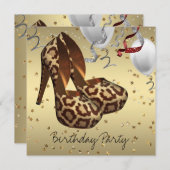 金ゴールドハイヒールシューズ女性ヒョウ誕生日パーティー 招待状 (正面/裏面)