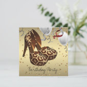 金ゴールドハイヒールシューズ女性ヒョウ誕生日パーティー 招待状 (スタンド正面)