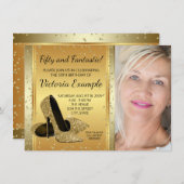 金ゴールドハイヒールシューズ誕生日パーティー 招待状 (正面/裏面)