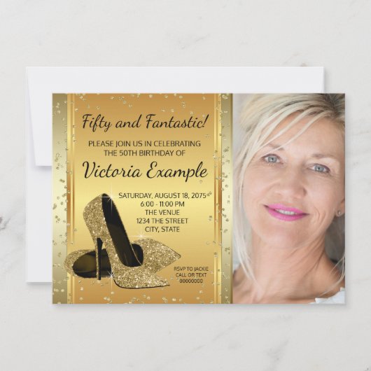 金ゴールドハイヒールシューズ誕生日パーティー 招待状 (正面)