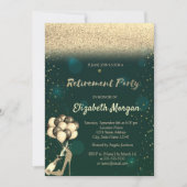 金ゴールドハイヒールバルーン緑のグリッター退職 招待状 (正面)