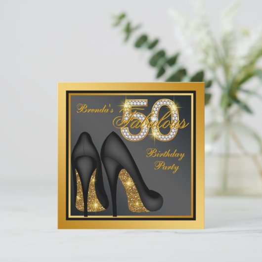 金ゴールドハイヒール靴の素晴らしい50th誕生日パーティー 招待状 (スタンド正面)