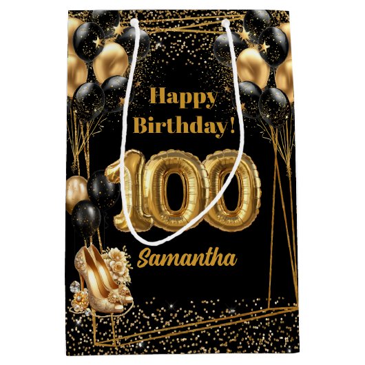 金ゴールドハイヒール100番目の誕生日抱き枕✨ ミディアムペーパーバッグ (正面)