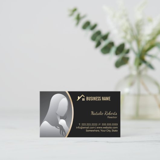 金ゴールドハウスロ実在ゴエステート不動産仲介業者ブラックフォト 名刺 (スタンド正面)