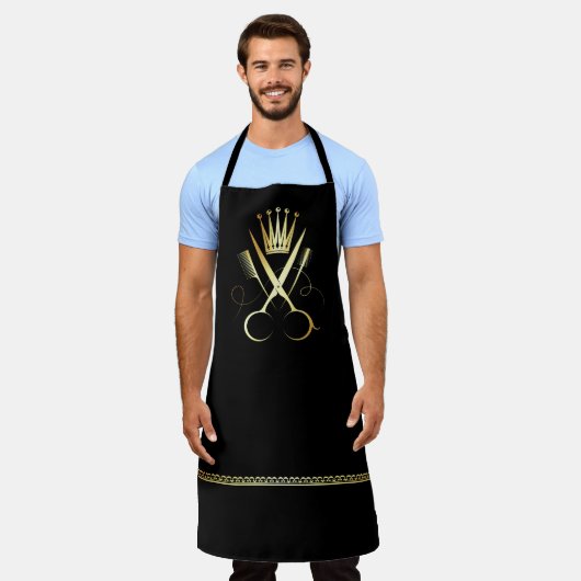 金ゴールドハサミと黒ヘアスタイリスト制服サロンap エプロン (着用した状態)