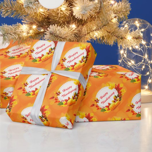 金ゴールドハッピーサンクスギビングカボチャ ラッピングペーパー (クリスマス)