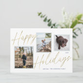 金ゴールドハッピーホリデーズスクリプト3フォトホリデーカード シーズンカード (スタンド正面)