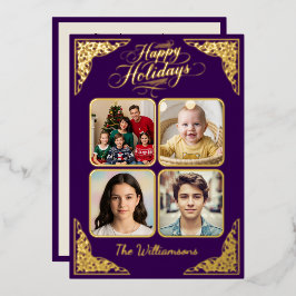 金ゴールドハッピーホリデー、4つの写真、紫、名前 箔シーズンカード