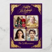 金ゴールドハッピーホリデー、4つの写真、紫、名前 箔シーズンカード (正面)