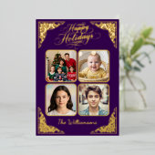 金ゴールドハッピーホリデー、4つの写真、紫、名前 箔シーズンカード (立ち正面)