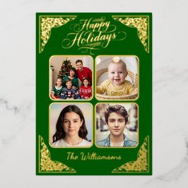 金ゴールドハッピーホリデー、4つの写真、緑、名前 箔シーズンカード