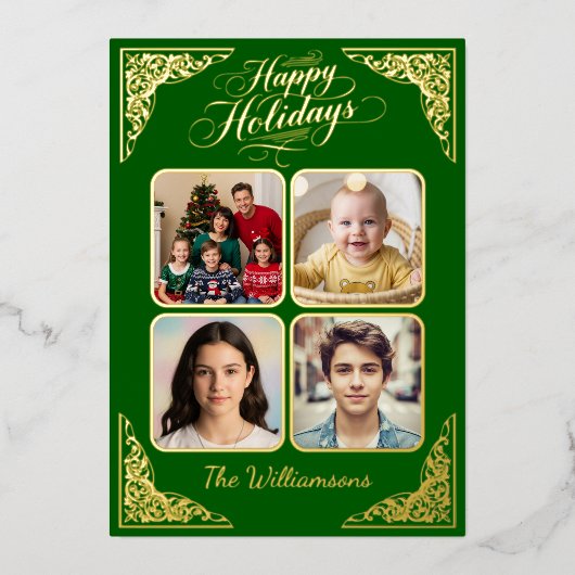 金ゴールドハッピーホリデー、4つの写真、緑、名前 箔シーズンカード (正面)