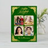 金ゴールドハッピーホリデー、4つの写真、緑、名前 箔シーズンカード (立ち正面)