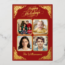 金ゴールドハッピーホリデー、4写真、赤、名前