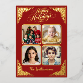金ゴールドハッピーホリデー、4写真、赤、名前 箔シーズンカード