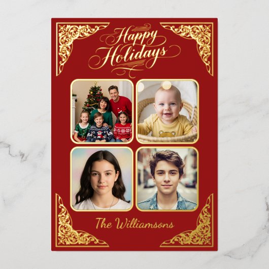 金ゴールドハッピーホリデー、4写真、赤、名前 箔シーズンカード (正面)