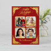 金ゴールドハッピーホリデー、4写真、赤、名前 箔シーズンカード (立ち正面)