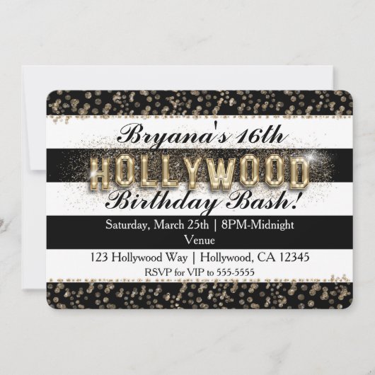 金ゴールドハリウッドブラック&ホワイトストライプ招待状 招待状 (正面)