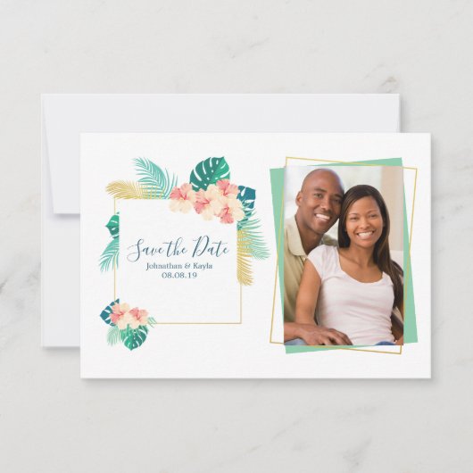 金ゴールドハワイアンハイビスカスウェディングザデイト セーブザデート (正面)
