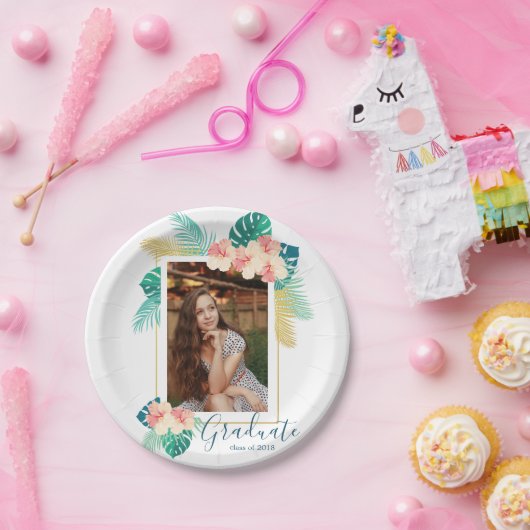 金ゴールドハワイアンハイビスカス卒業パーティープレート ペーパープレート (パーティー)