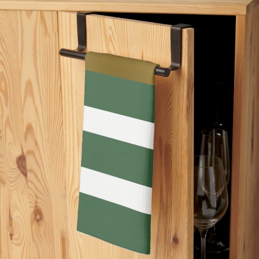 金ゴールドハンターグリーンと白ストライプ色 キッチンタオル (三つ折り)