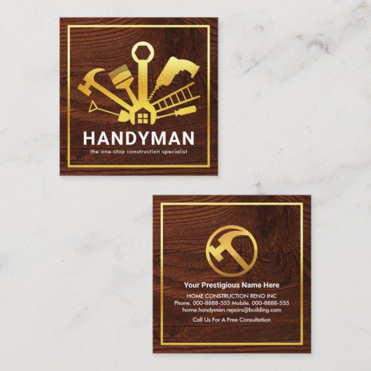 金ゴールドハンディマンツールホーム建物 スクエア名刺 (正面/裏面)