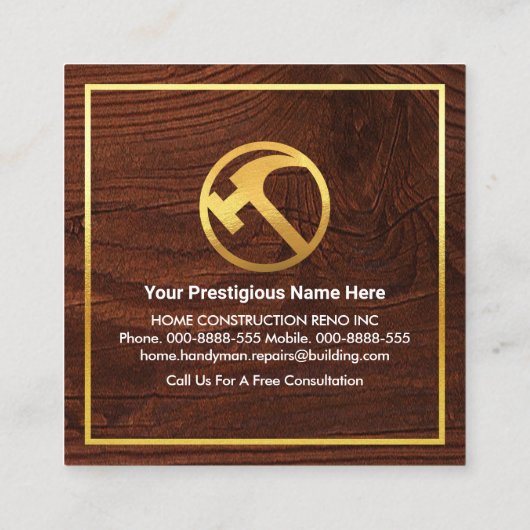 金ゴールドハンディマンツールホーム建物 スクエア名刺 (裏面)