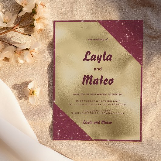 金ゴールドハートがブルゴーニュのグリッター結婚の 招待状