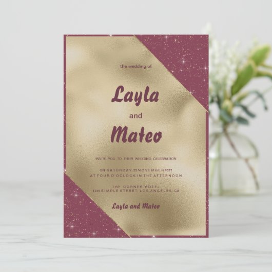 金ゴールドハートがブルゴーニュのグリッター結婚の 招待状 (スタンド正面)
