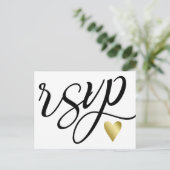 金ゴールドハートとブラック書道RSVP インビテーションポストカード (スタンド正面)
