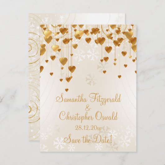 金ゴールドハートと雪片の日付を保存 案内ポストカード (正面/裏面)
