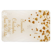 金ゴールドハートと雪片ウェディング日付を保存 マグネット (横)