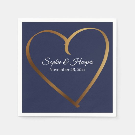 金ゴールドハートのまわりに詳細、ネイビーブルー スタンダードカクテルナプキン (正面)