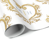 金ゴールドハートの白ほこりっぽい青モノグラム結婚の ラッピングペーパー (ロールコーナー)