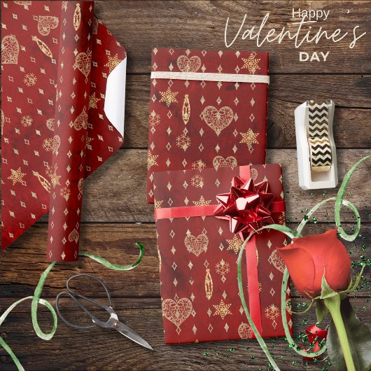 金ゴールドハートはレッドバレンタインに星 ラッピングペーパー