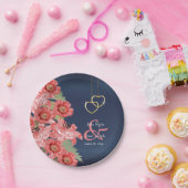 金ゴールドハートオンコーラル&ネイビーサタン ペーパープレート (パーティー)