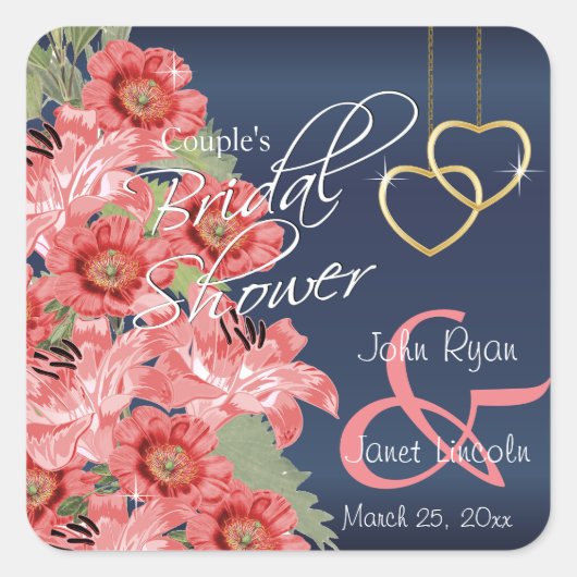 金ゴールドハートオンコーラル&ネイビーサテン – ブライダルシャワー スクエアシール (正面)
