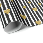 金ゴールドハートオンブラックアンドホワイトストライプズ ラッピングペーパー (ロールコーナー)